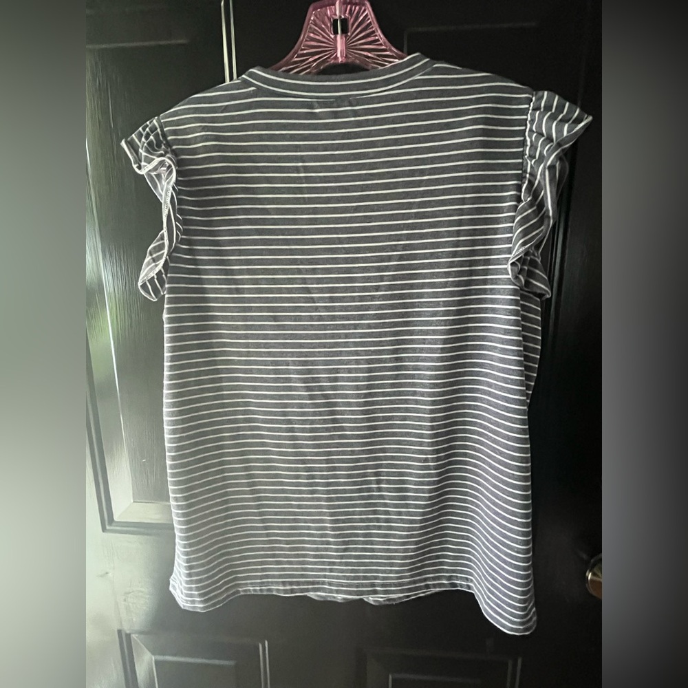 LIKE NEW SHEIN LUNE Striped Print Pocket Patched Ruffle Trim Tee - Sz Medium/6 - Picture 4 of 11
